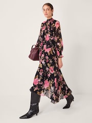Monsoon Black Mariel Floral Print Trapeze Midi Dress - Image 3 of 6