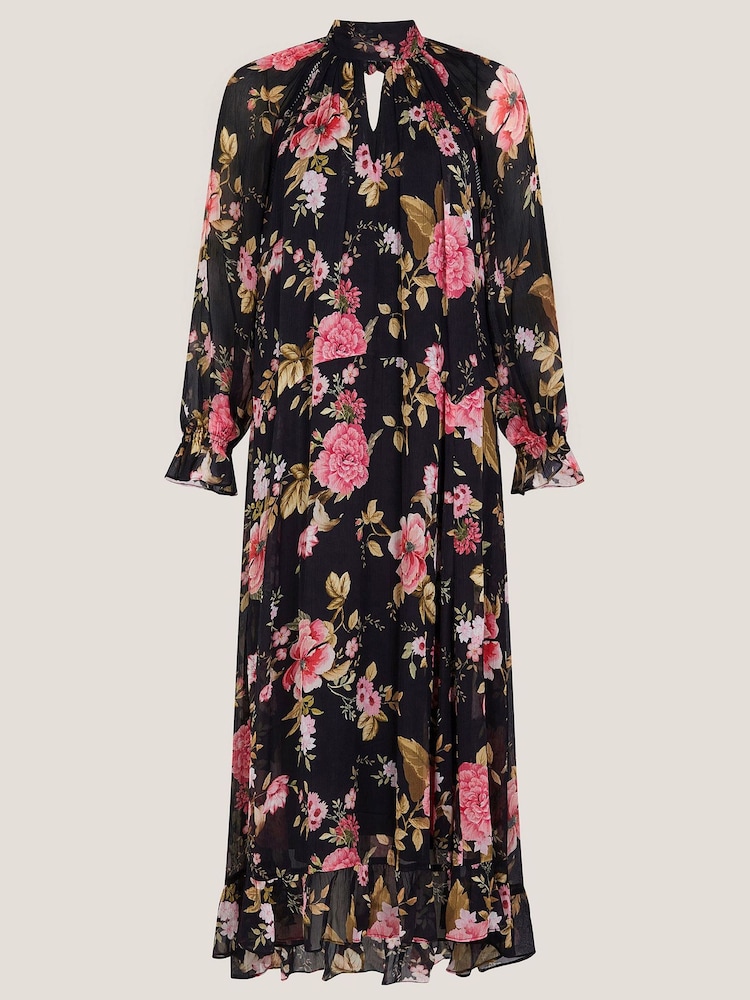 Monsoon Black Mariel Floral Print Trapeze Midi Dress - Image 6 of 6