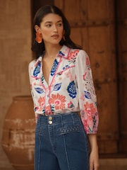 Love & Roses Ivory Printed Lace Detail Blouse - Image 1 of 4