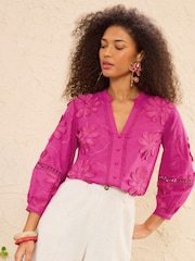 Love & Roses Pink 3D Flower V-Neck Blouse - Image 1 of 4