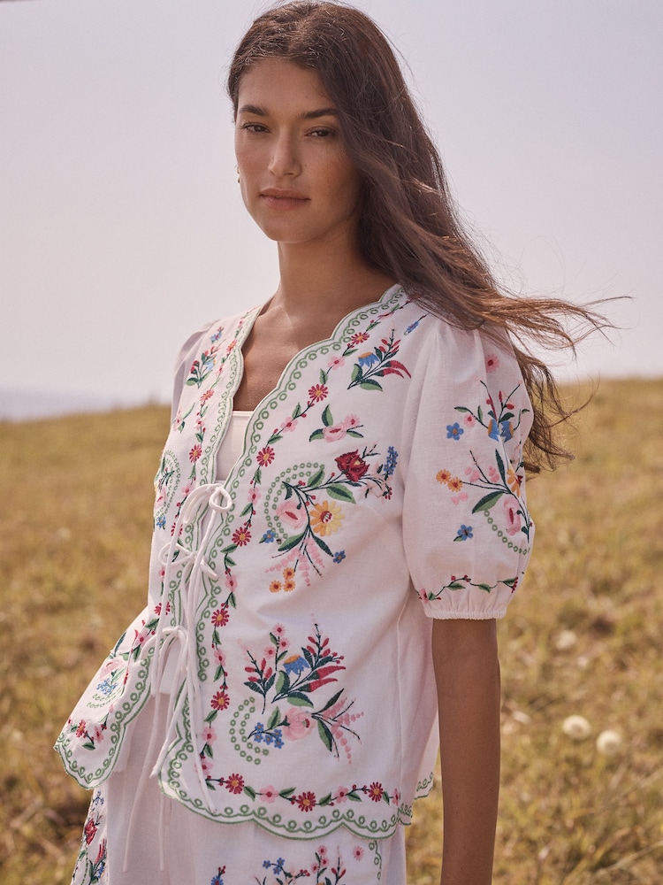 Love & Roses Ivory Embroidered Floral Tie Front Short Sleeve Scallop Blouse - Image 2 of 4
