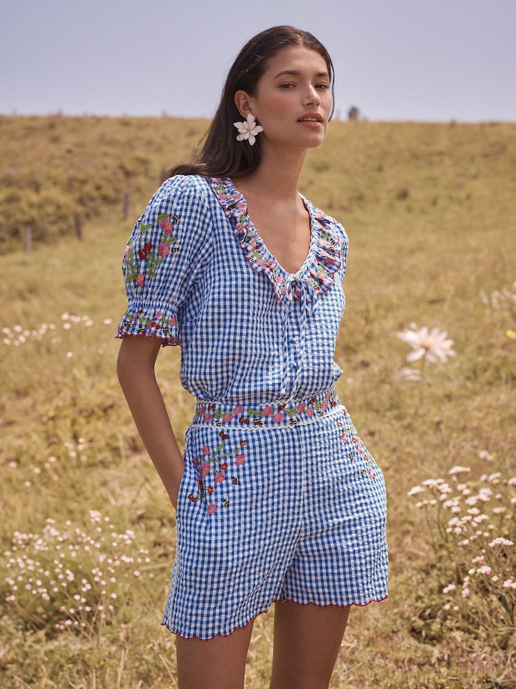 Love & Roses Blue Gingham Embroidered Blouse - Image 2 of 5