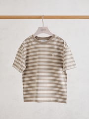 Reiss Taupe/White Emerson Cotton Stripe Logo-Embroidered T-Shirt - Image 1 of 3