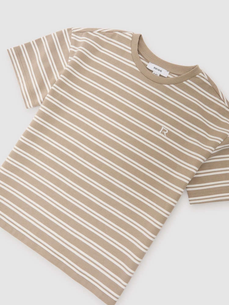 Reiss Taupe/White Emerson Cotton Stripe Logo-Embroidered T-Shirt - Image 2 of 3 Reiss Taupe/White Emerson Cotton Stripe Logo-Embroidered T-Shirt - Image 2 of 3