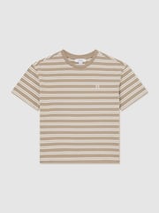 Reiss Taupe/White Emerson Cotton Stripe Logo-Embroidered T-Shirt - Image 3 of 3