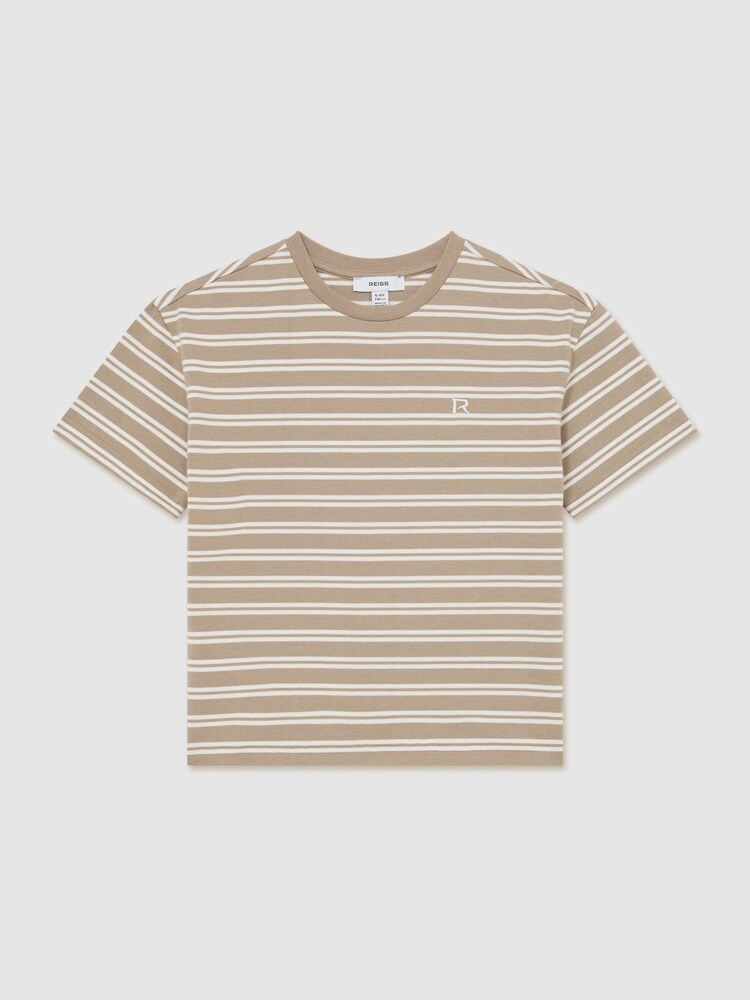 Reiss Taupe/White Emerson Cotton Stripe Logo-Embroidered T-Shirt - Image 3 of 3 Reiss Taupe/White Emerson Cotton Stripe Logo-Embroidered T-Shirt - Image 3 of 3