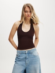 Cotton On Brown All Day V-Neck Halter Top - Image 1 of 4