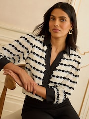 Love & Roses Ivory Stripe Scallop Trim Short Sleeve Notch Neck Shirt - Image 3 of 4