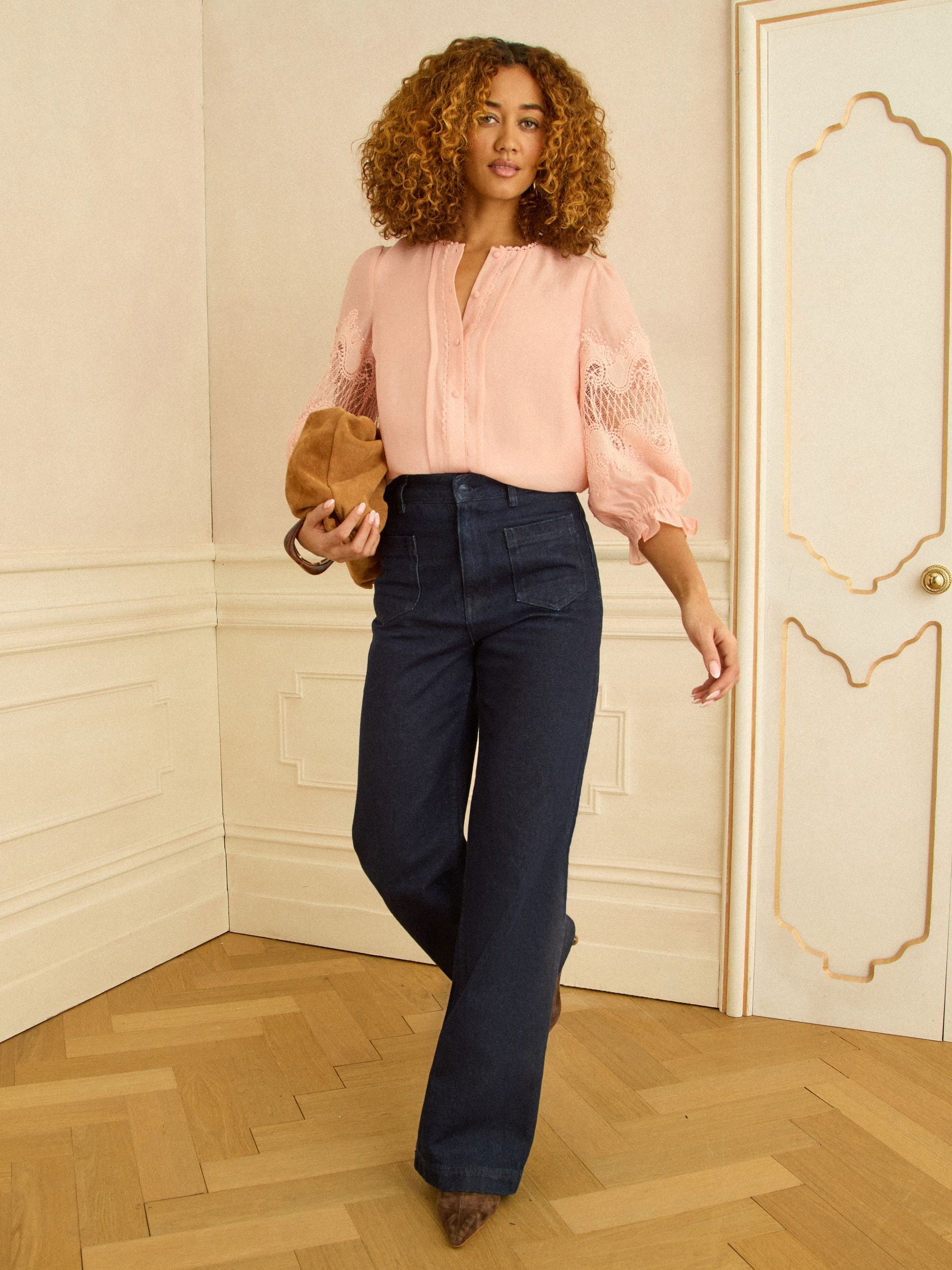 Buy Love & Roses Apricot Lace Long Sleeve Button Front Blouse from