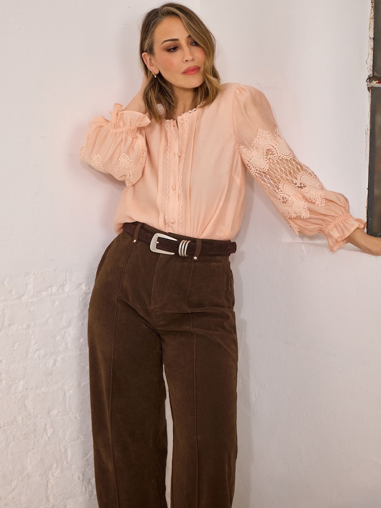 Love & Roses Apricot Petite Lace Long Sleeve Button Front Blouse - Image 1 of 4