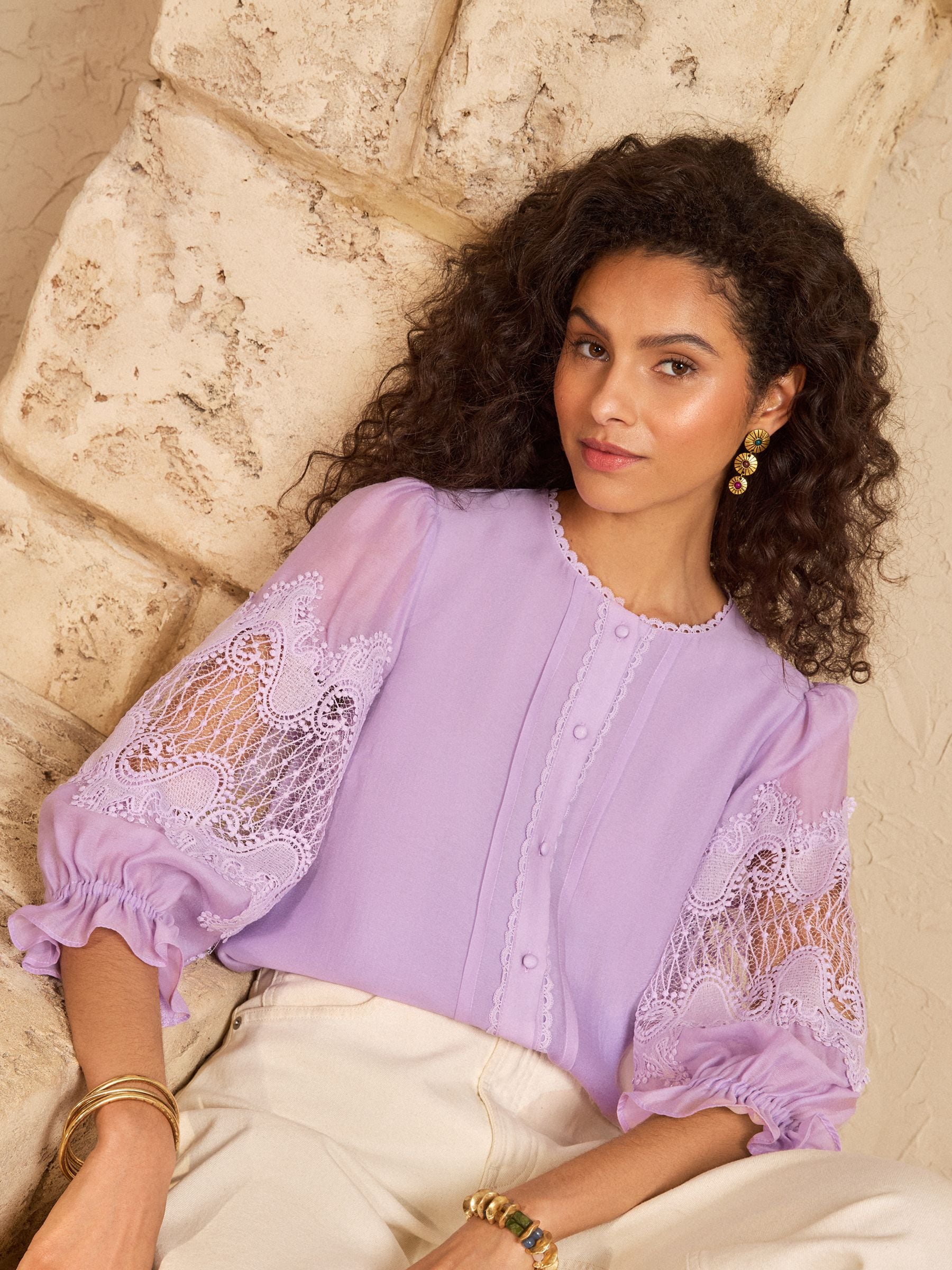 Buy Love & Roses Lilac Purple Lace Long Sleeve Button Front Blouse