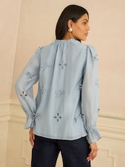 Love & Roses Blue 3D Bow Notch Neck Blouse - Image 4 of 4