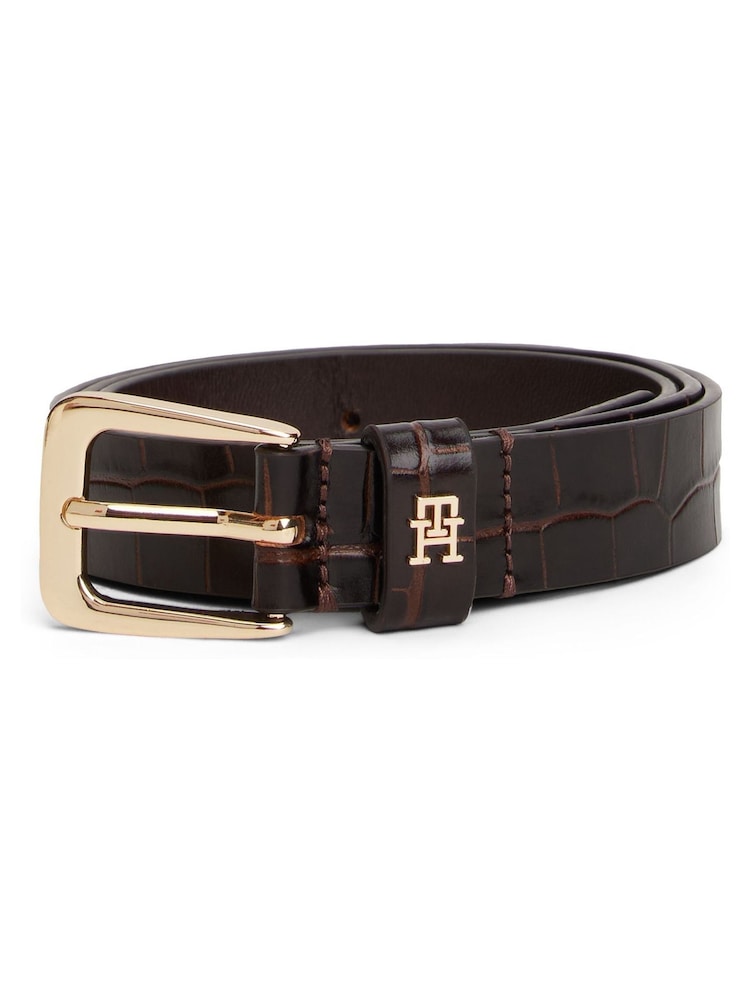 Tommy Hilfiger Brown Square Buckle Croco-Print Leather Belt - Image 1 of 4
