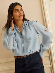 Love & Roses Blue Petite 3D Bow Notch Neck Blouse - Image 1 of 4