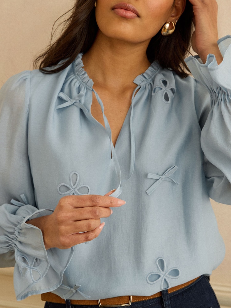 Love & Roses Blue Petite 3D Bow Notch Neck Blouse - Image 2 of 4