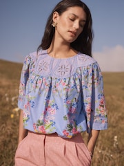 Love & Roses Blue Floral Printed Petite Blouse - Image 1 of 5
