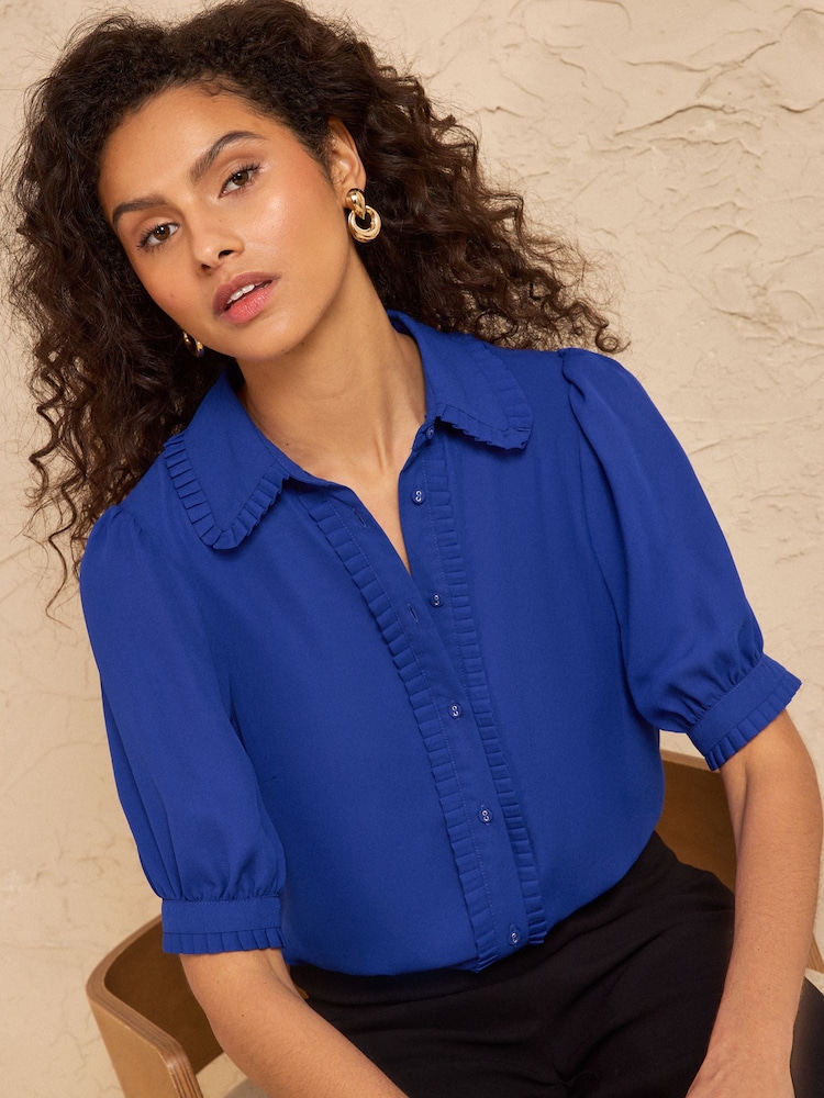 Love & Roses Cobalt Blue Frill Detail Short Sleeve Button Through Shirt - Image 1 of 4