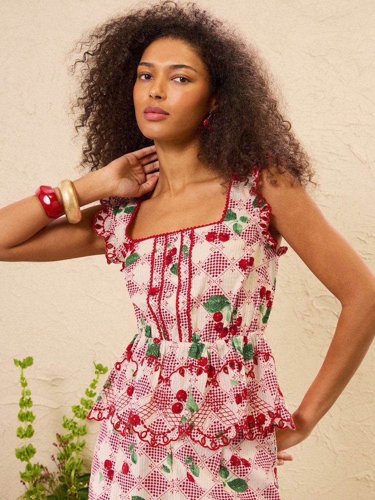 Love & Roses Red Petite Gingham Cherry Printed Top - Image 2 of 5
