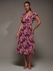 Jolie Moi Purple Printed Ruffle Detail Pleated Chiffon Midi Dress - Image 1 of 6