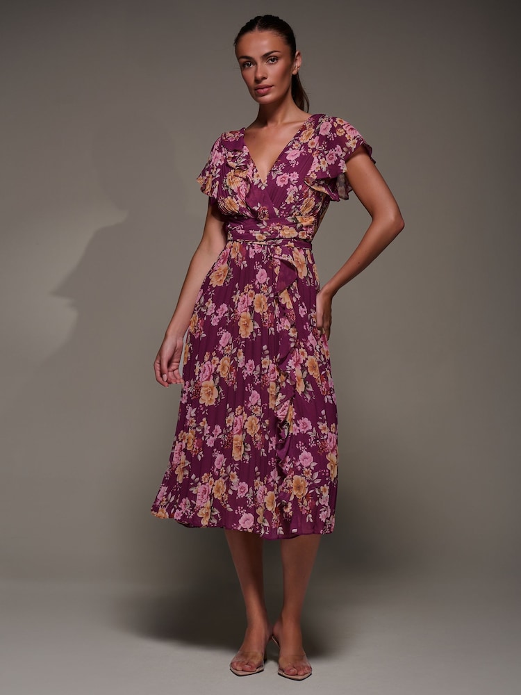 Jolie Moi Purple Printed Ruffle Detail Pleated Chiffon Midi Dress - Image 1 of 6 Jolie Moi Purple Printed Ruffle Detail Pleated Chiffon Midi Dress - Image 1 of 6
