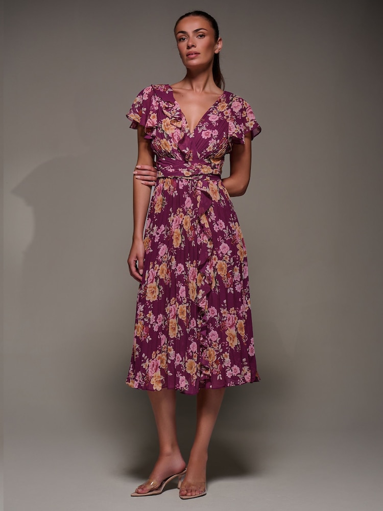 Jolie Moi Purple Printed Ruffle Detail Pleated Chiffon Midi Dress - Image 2 of 6 Jolie Moi Purple Printed Ruffle Detail Pleated Chiffon Midi Dress - Image 2 of 6