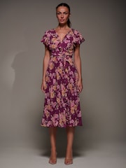 Jolie Moi Purple Printed Ruffle Detail Pleated Chiffon Midi Dress - Image 3 of 6