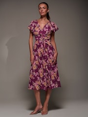 Jolie Moi Purple Printed Ruffle Detail Pleated Chiffon Midi Dress - Image 4 of 6