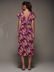 Jolie Moi Purple Printed Ruffle Detail Pleated Chiffon Midi Dress - Image 5 of 6