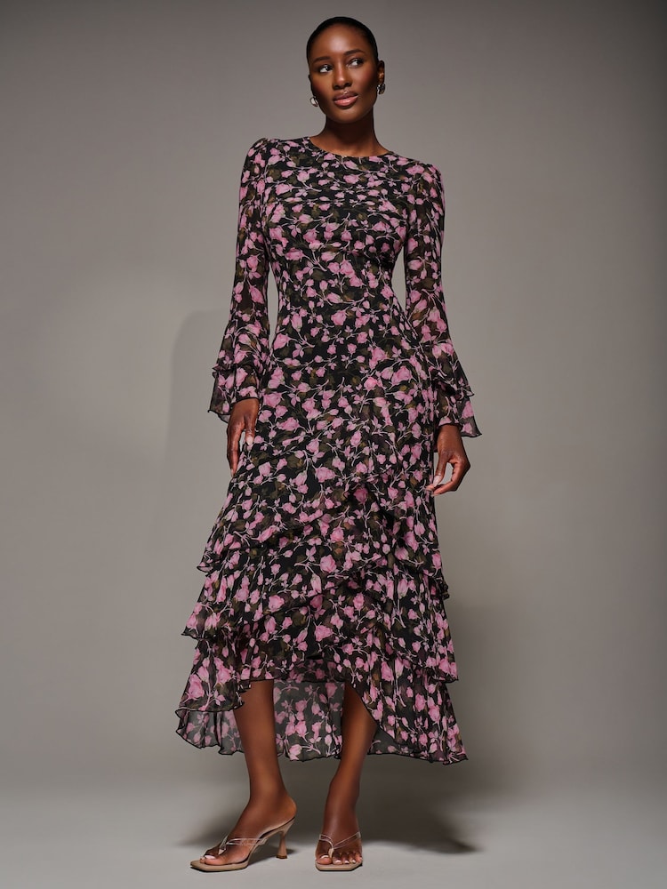 Jolie Moi Pink Ruffled Long Sleeve Tiered Chiffon Midax Dress - Image 1 of 6 Jolie Moi Pink Ruffled Long Sleeve Tiered Chiffon Midax Dress - Image 1 of 6