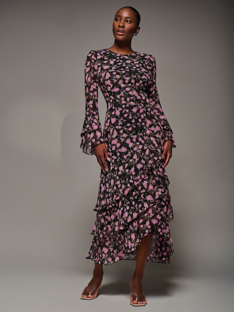 Jolie Moi Pink Ruffled Long Sleeve Tiered Chiffon Midax Dress - Image 2 of 6 Jolie Moi Pink Ruffled Long Sleeve Tiered Chiffon Midax Dress - Image 2 of 6