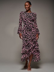 Jolie Moi Pink Ruffled Long Sleeve Tiered Chiffon Midax Dress - Image 4 of 6