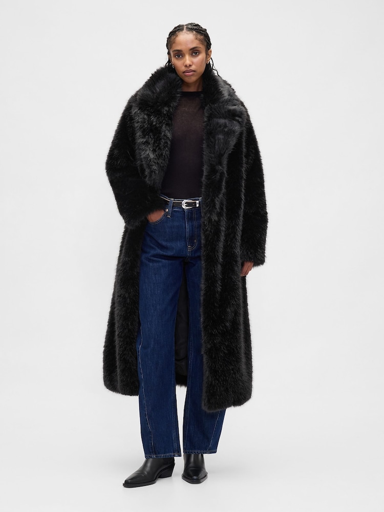 Gap Black Faux Fur Long Coat - Image 1 of 4
