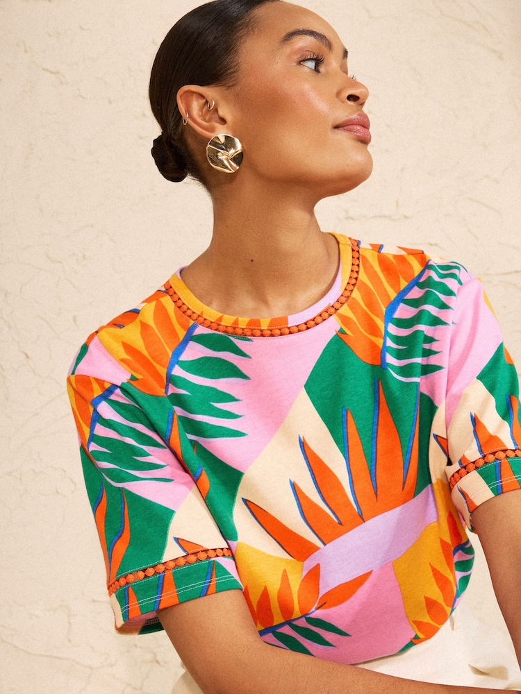 Love & Roses Orange Tropical Print Crochet Trim Crew Neck Boxy T-Shirt - Image 2 of 4