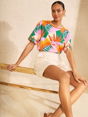 Love & Roses Orange Tropical Print Crochet Trim Crew Neck Boxy T-Shirt - Image 4 of 4