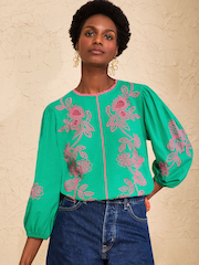 Love & Roses Green and Pink Cutwork Embroidered 3/4 Sleeve Top - Image 1 of 4
