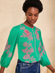 Love & Roses Green and Pink Cutwork Embroidered 3/4 Sleeve Top - Image 2 of 4