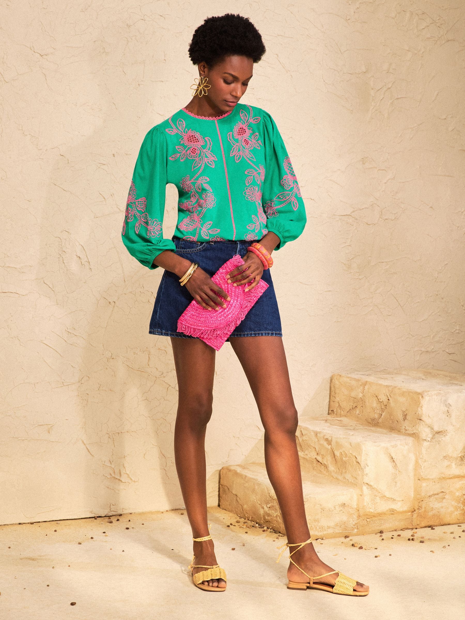 Buy Love & Roses Green and Pink Cutwork Embroidered 3/4 Sleeve Top