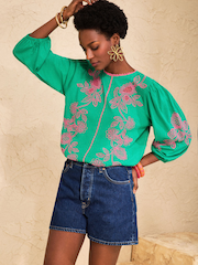 Love & Roses Green and Pink Cutwork Embroidered 3/4 Sleeve Top - Image 4 of 4