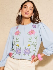 Love & Roses Light Blue Floral Embroidered 3/4 Sleeve Top - Image 1 of 4