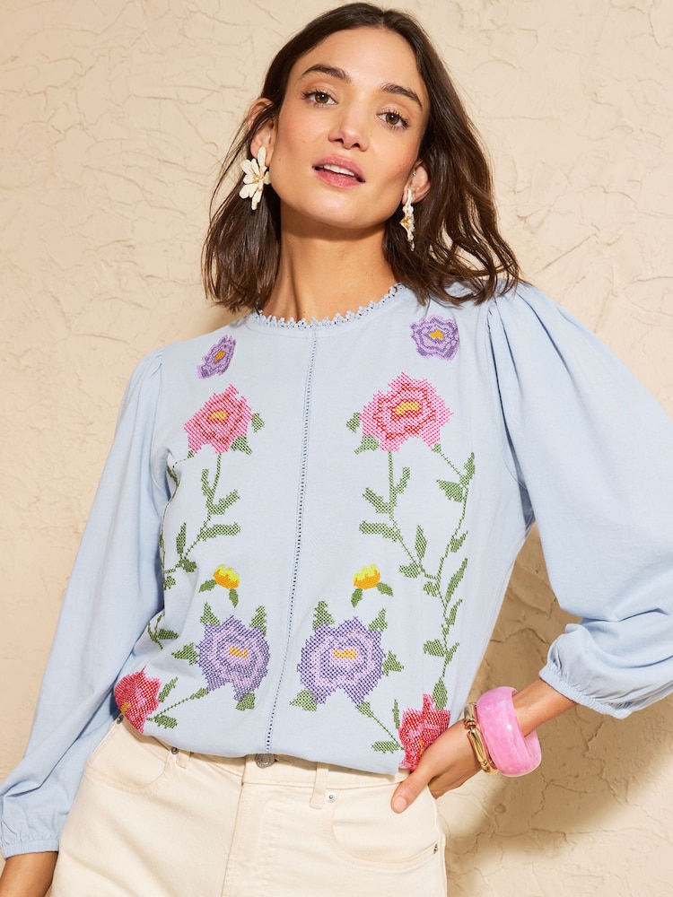 Love & Roses Light Blue Floral Embroidered 3/4 Sleeve Top - Image 1 of 4