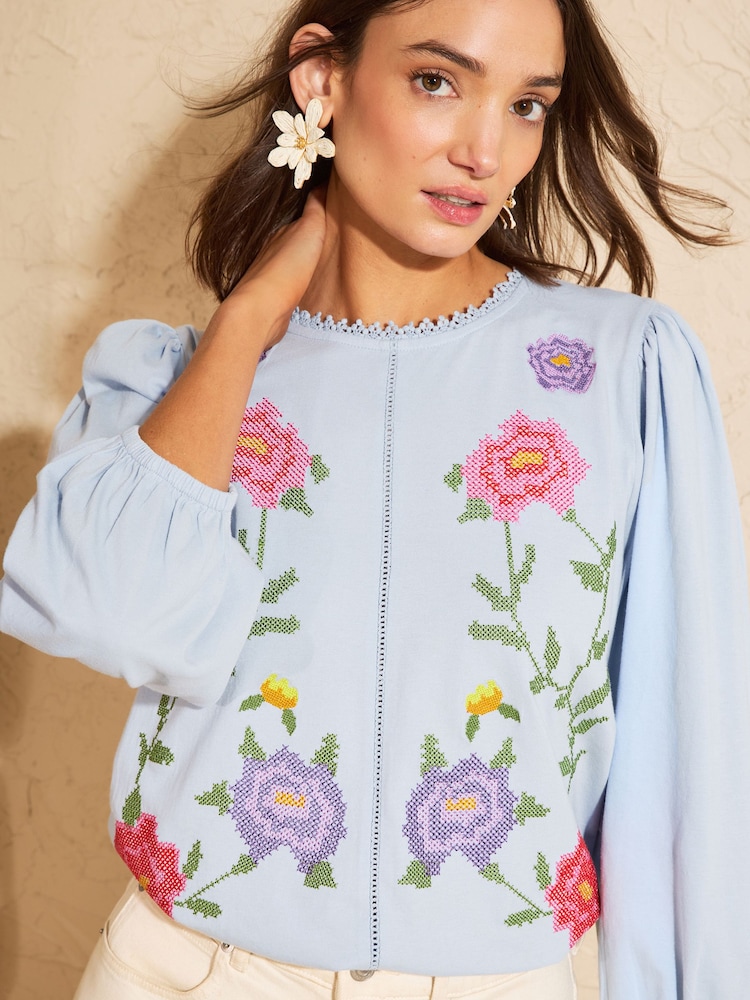Love & Roses Light Blue Floral Embroidered 3/4 Sleeve Top - Image 2 of 4