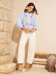 Love & Roses Light Blue Floral Embroidered 3/4 Sleeve Top - Image 3 of 4