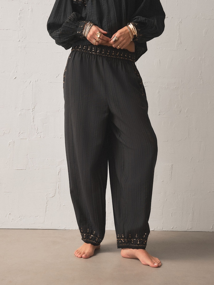 Rockett St George Black Embellished Woven Barrel Leg Trousers - Image 2 of 7
