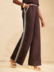 Love & Roses Chocolate Brown Ric Rac Detailed Trousers - Image 1 of 4
