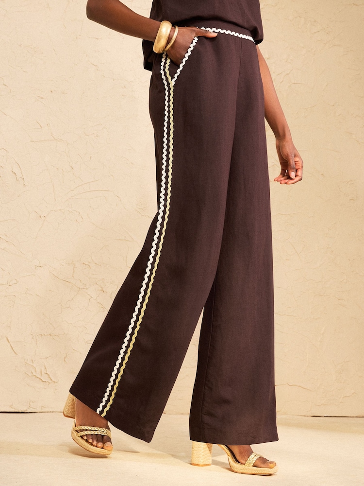 Love & Roses Chocolate Brown Ric Rac Detailed Trousers - Image 1 of 4