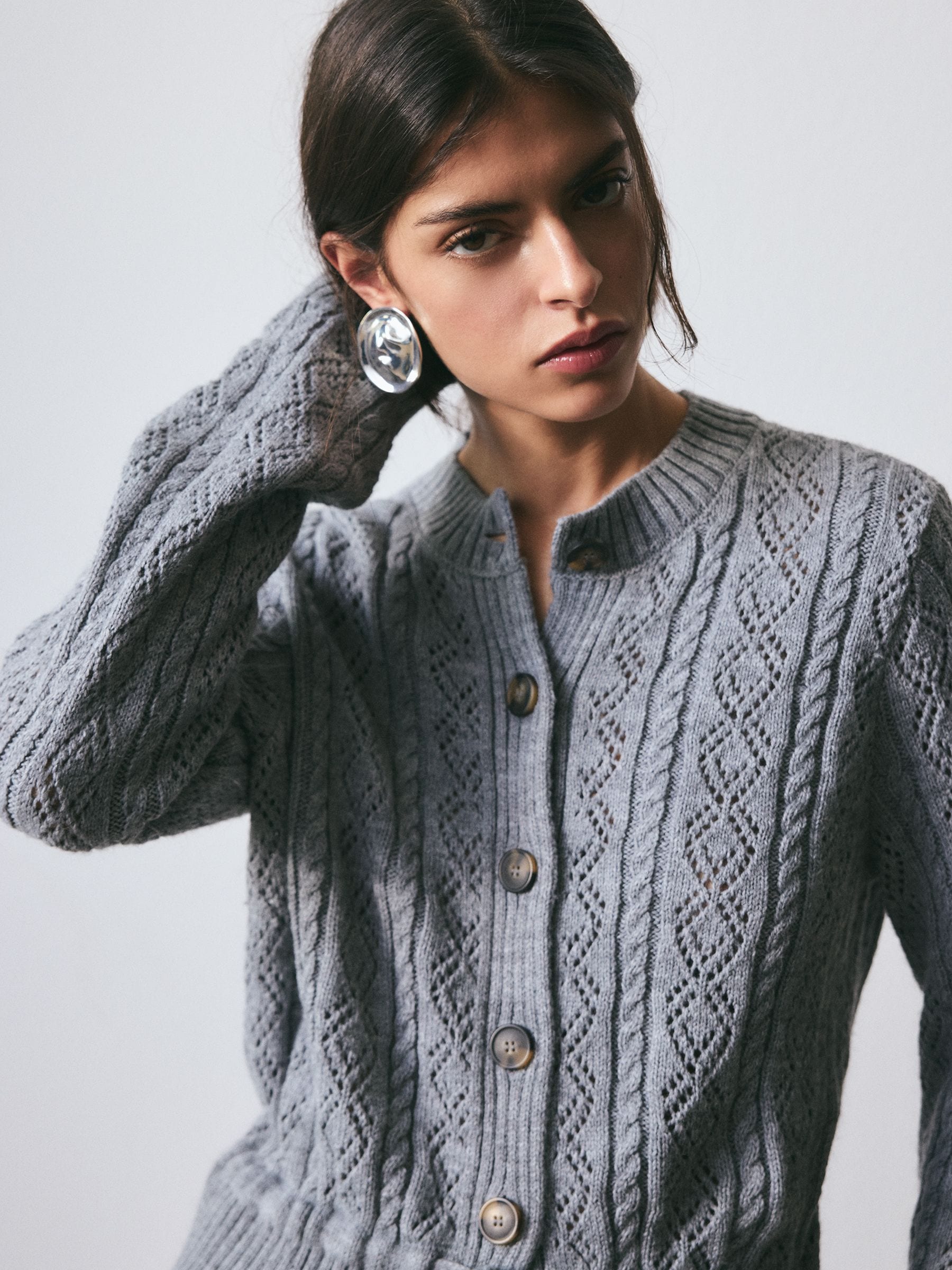Buy BHOEM Grey Cable Knit Peplum Cardigan from the Next UK online shop