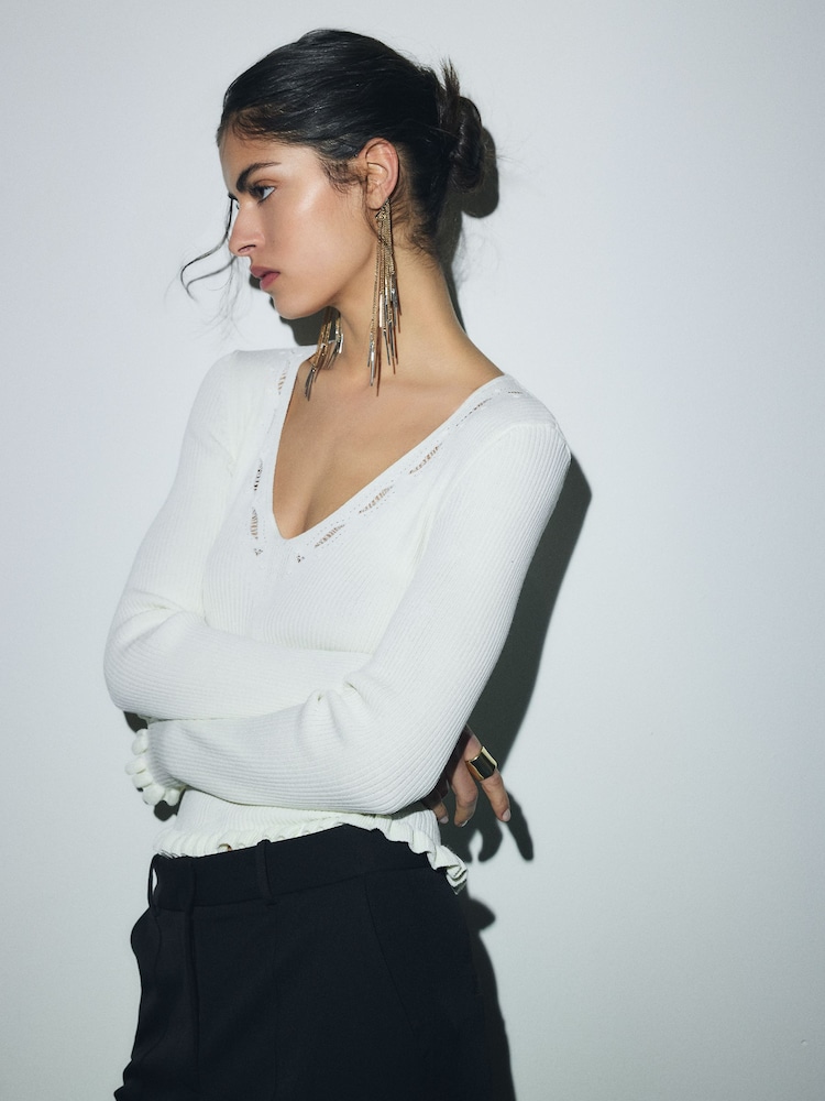 BHOEM V-Neck Embellished Knit Ecru Top - Image 1 of 6