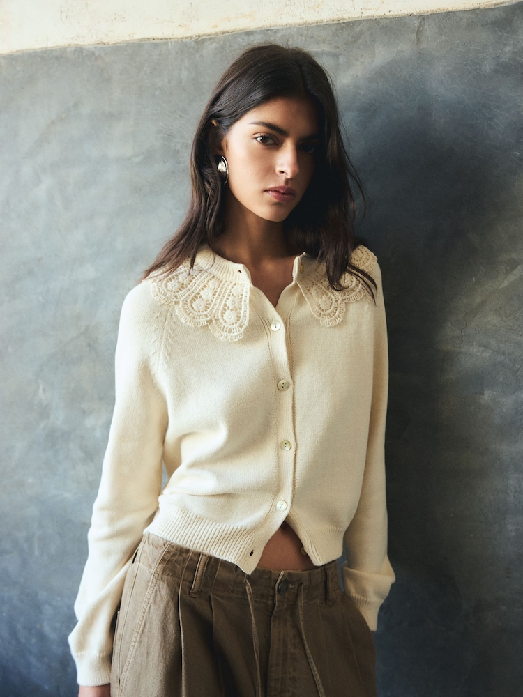 BHOEM Crochet Collar Knit Ecru Cardigan - Image 1 of 5