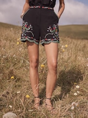 Love & Roses Black Floral Embroidered Scallop Shorts - Image 2 of 4