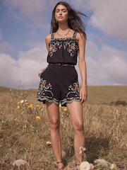 Love & Roses Black Floral Embroidered Scallop Shorts - Image 3 of 4